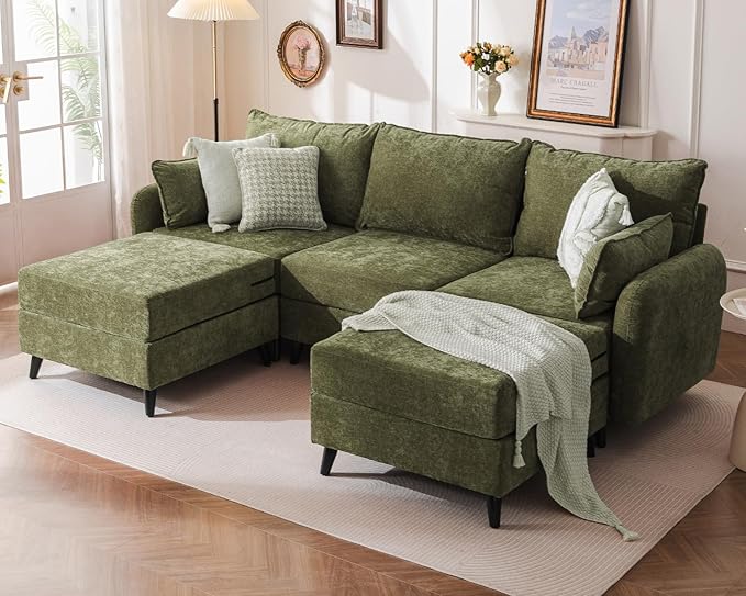 Rexulqo 104'' Modular Sectional Sofa with All Seats Storage, Oversized U Shaped Couch for Living Room,3-Seater Comfy Cloud Couches with Movable Ottoman,Big Sectional for Bedroom,Velet,Green