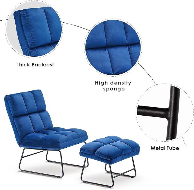 MCombo Velvet Accent Chair with Ottoman Set, Modern Armless Chair for Living Room, Bedroom, Small Space 0014 (Velvet, Blue)