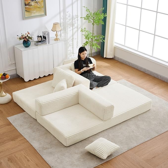 Folding Sofa Bed, Corduroy Loveseat Sleeper with Fixed-Shape Frame, No Assembly Needed Futon Couch, Convertible Floor Sofa Lounge Couch for Living Room, Bedroom, Lounge Studio, Ivory