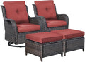 Rilyson Wicker Patio Furniture Set - 4 Piece Rattan Outdoor Sectional Conversation Sets with 2 Swivel Rocking Chairs,2 Ottomans for Porch Deck Garden(Brown/Red)