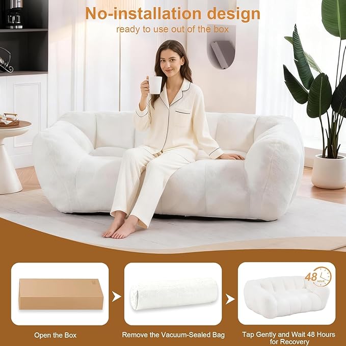 Bean Bag Chair, Giant Bean Bag Chairs for Adults Kids, Fluffy Loveseat Bean Bag Sofa with Armrest, Ultra Soft Love Seat Small Sofa Couch, Faux Fur Floor Chair for Living Room Bedroom, Beige