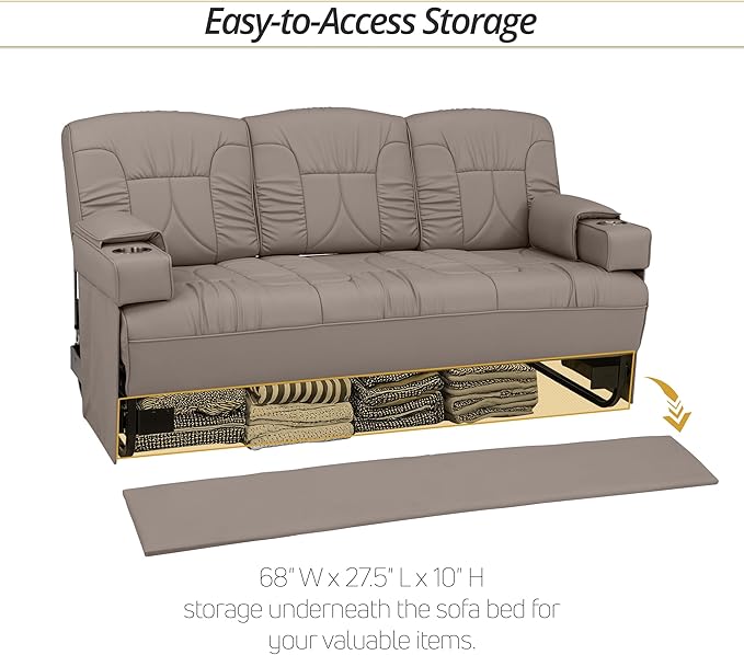 Qualitex De Leon Console SL RV Sofa Bed, 74" Wide, Ulitmate Leather, Light Antelope