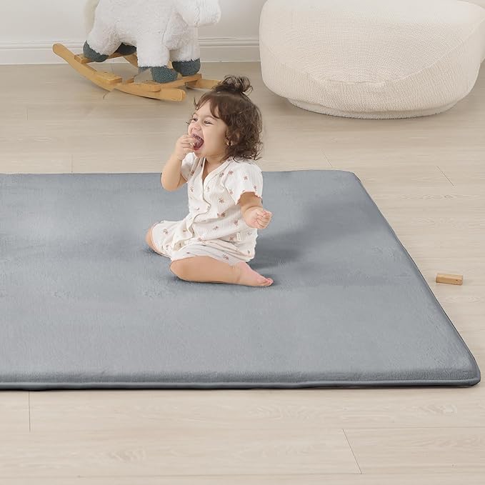 PAPAMAT 1.3" Thick Baby Floor Play Mat 59x71, Basic Padded Foam Mat for Tummy Time Crawling, Non Slip Cushioned for Babies Toddlers Infants Kids (Light Grey)