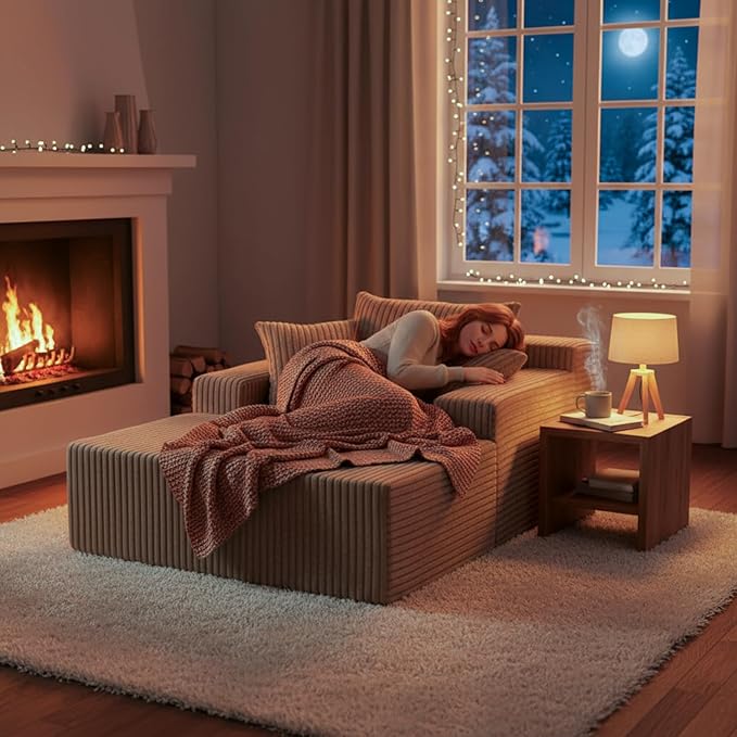 Sytopia Chaise Lounge with Armrests, Oversized Sofa Bed with 3 Pillows, Cozy Boneless Couch, Sleeper Reading Chair for Living Room Bedroom, Floor Sofa Corduroy, Furniture Sala, Cashmere Beige