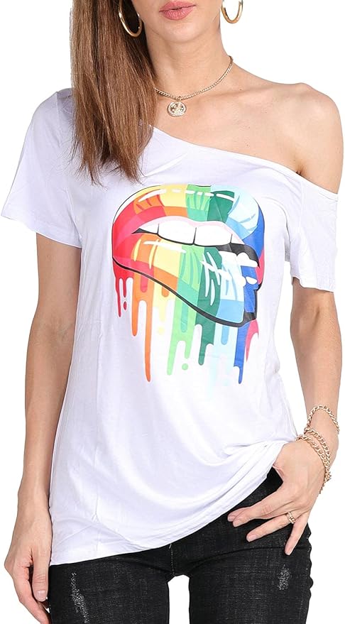MAGICMK Women’s Short Lips Print Causal Off The Shoulder Plus Size T-Shirt Tops