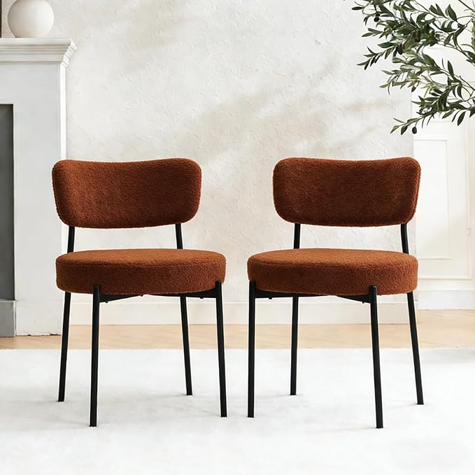 Stabrech Brown Boucle Dining Chairs Set of 2, Upholstered Dinner Chair with Metal Frame, Dining Room Chairs with Padded Seat, Round Modern Seating for Living Room