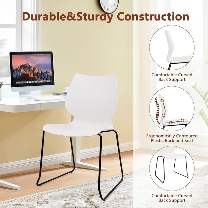 Stackable Waiting Room Chair, Stacking Office Chair with Ergonomic Lumbar Support and Metal Legs, Plastic Desk Chairs for Conference School Church Guest Reception Set of 4, White