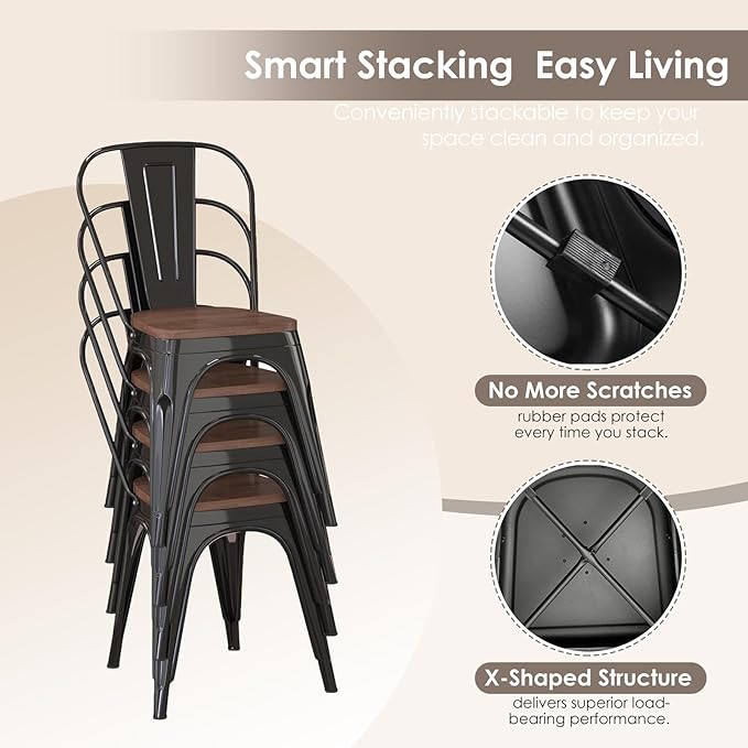 Metal Dining Chairs Set of 4,Stackable Tolix Chair Indoor/Outdoor for Kitchen,Cafe,Restaurant,Bistro & Patio Multiple Colors with High Backrest and Wood Seat(Black)