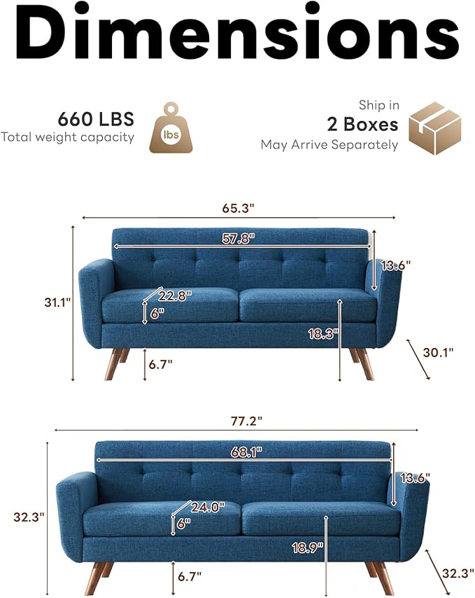 Tbfit Mid Century Modern Sofa Couch, Blue, Loveseat & Standard Sofa | linen fabric, button tufted, solid wood foot, pocket spring, wood slats frame