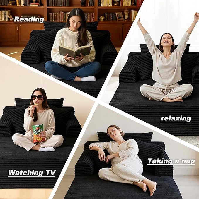 Oversized Chaise Lounge Chair Indoor, Upholstered Single 61'' Round Arm Boneless Cloud Sofa Bed Sleeper Couch, No Assembly Faux Rabbit Fur Memory Foam Reading Chair for Living Room Bedroom Black