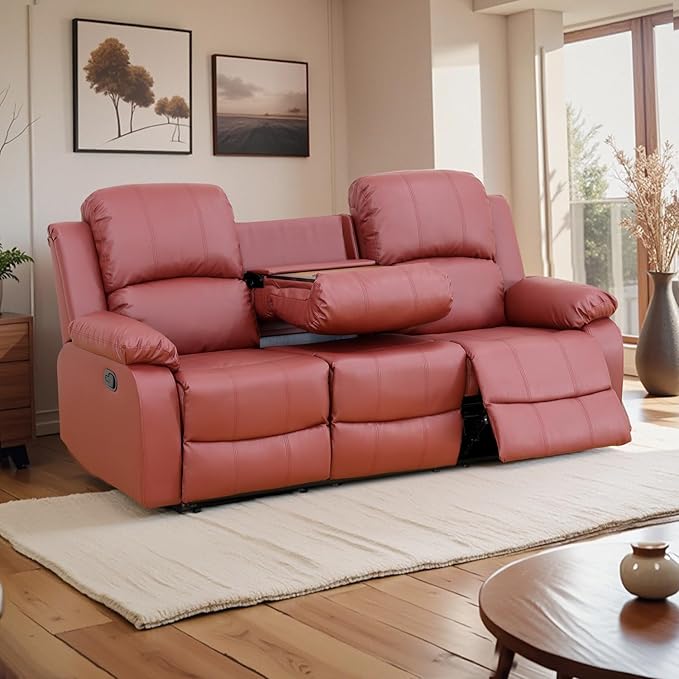 Caberryne Leather Recliner Sofa，Reclining Sofa for Living Room Furniture Sets，Red Wall Hugger Recliner Couch with Cupholder for Living Room/Office/Theater Seating(3 Seater Sofa)