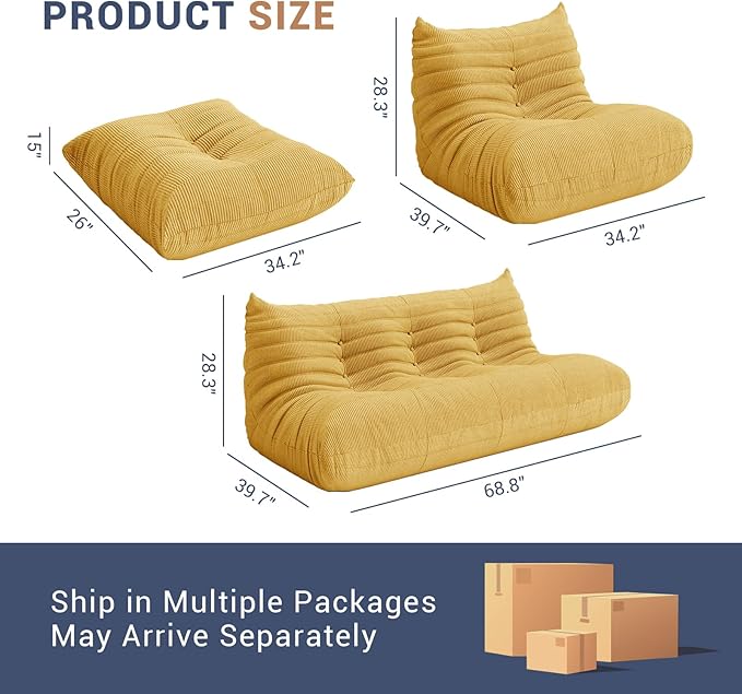 Fireside Chair Corner Bean Bag Chair for Adults, Modern Corduroy Fabric Caterpillar Sofa Couch, Lazy Floor Sofa Armless Foam Couch Lounger Tatami Recliner for Living Room Bedroom Dorm Office