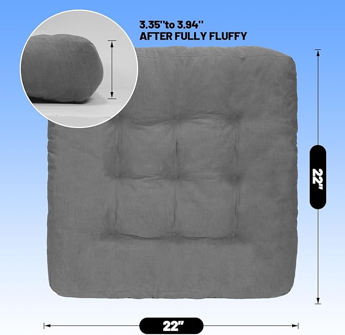 Meditation Floor Pillow Set of 2, Square Large Pillows Seating for Adults, Tufted Corduroy Cushion for Tatami Living Room, 22x22 Inch FP-Grey