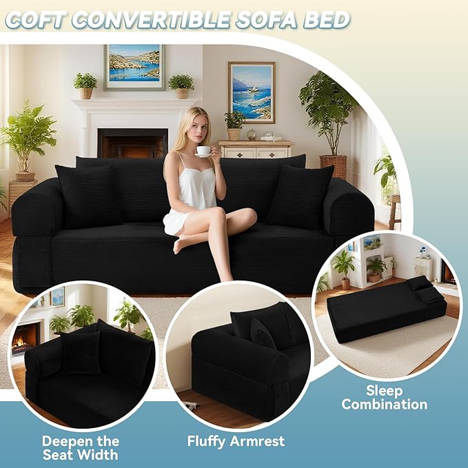 GJQ 83" Boneless Couches for Living Room,Corduroy 3 Seater Couch in a Box with 4 Pillows & Storage Pocket,Convertible Sleeper Sofa Bed Compressed Floor Sofa,Black