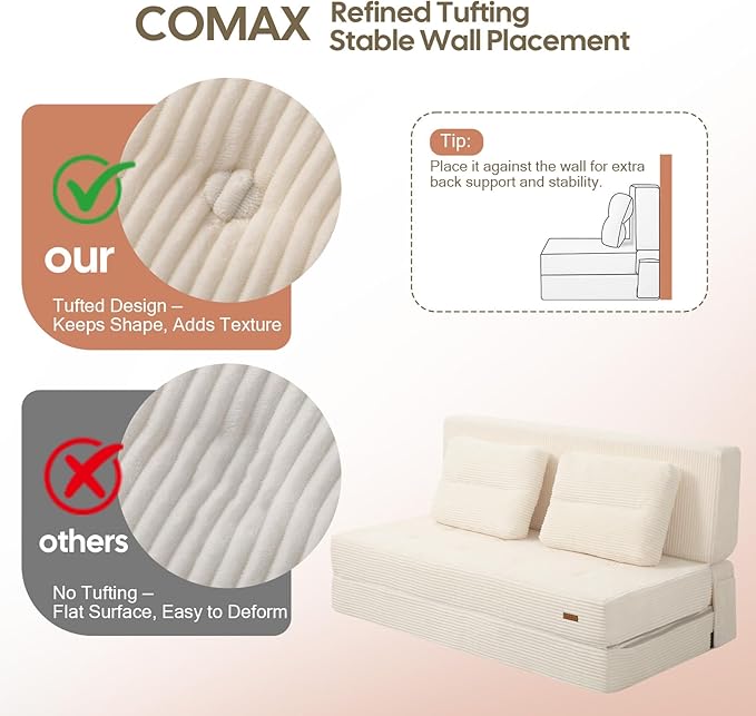 COMAX Folding Sofa Bed, Foldable Couch for Bedroom, Convertible Floor Sleeper Futon Chair Foam, Corduroy 3 in 1 Fold Out Chair Portable Comfy Lounge Couch Sofa Bed for Small Space, Full, Beige