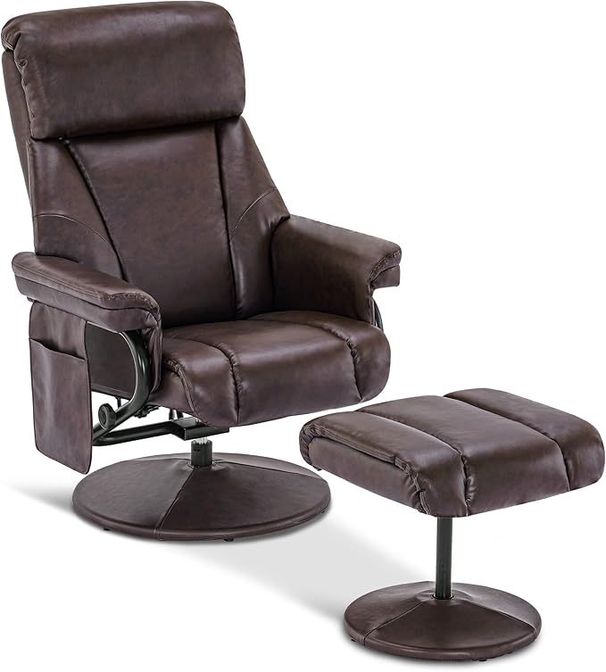 MCombo Swivel Recliner with Ottoman, TV Chair with Vibration Massage, Ideal for RV Small Space, Living Room & Bedroom 4539 4828 (Faux Leather, Dark Brown)