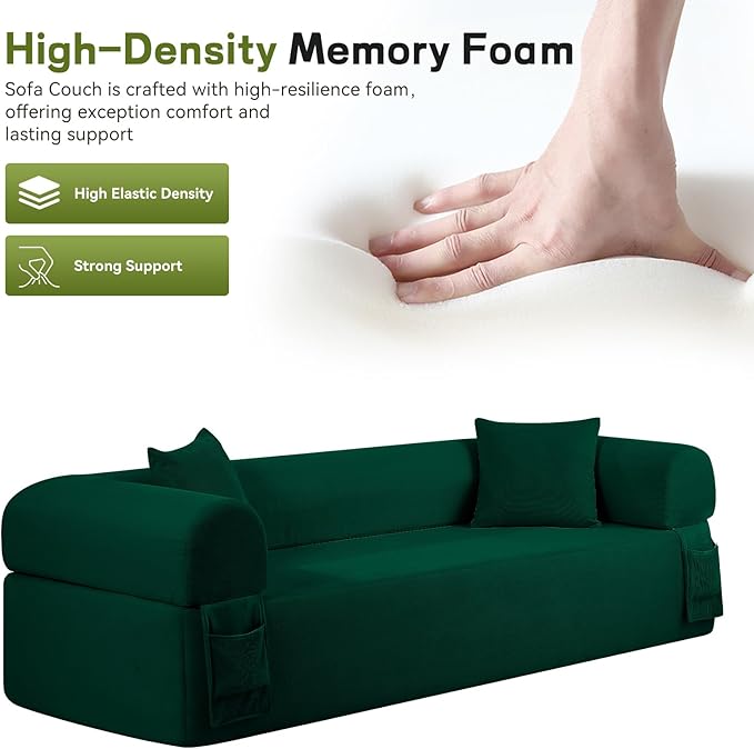 GJQ 3 Seater Boneless Couches for Living Room,Corduroy Couch with 2 Pillows & Storage,Memory Foam Couch in a Box,Compressed Floor Sofa with Armrests,No Assembly Required Cloud Sofa,Green