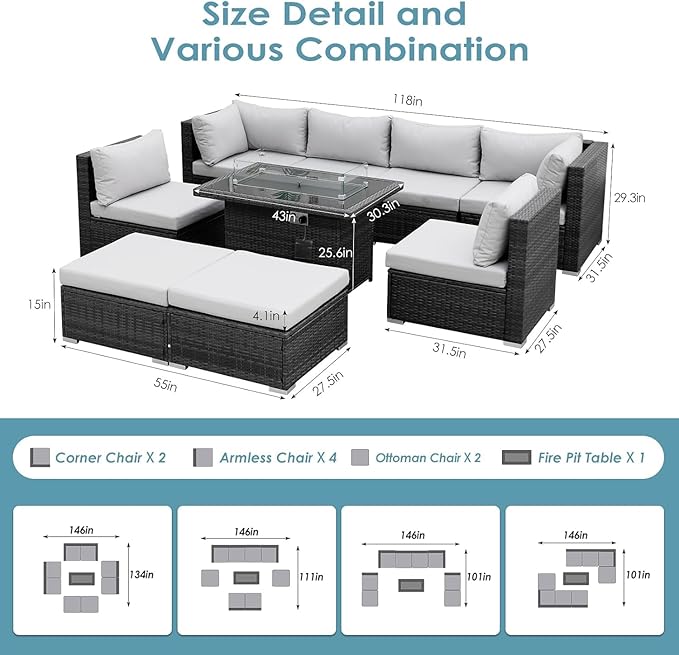 RADIATA 9 Piece Wicker Patio Furniture Set with Fire Pit, All-Weather Outdoor Sectional Couch High Back Large Size, Modular Backyard Seating Sofa Set with Propane/Natural Gas Firepit Table, Light Grey
