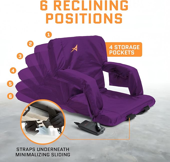 Heated Stadium Seats for Bleachers with Back Support – USB Battery Included - Upgraded 3 Levels of Heat - Foldable Chair - 4 Pockets for Snacks, Cup Holder - for Camping, Games & Sports (Purple)