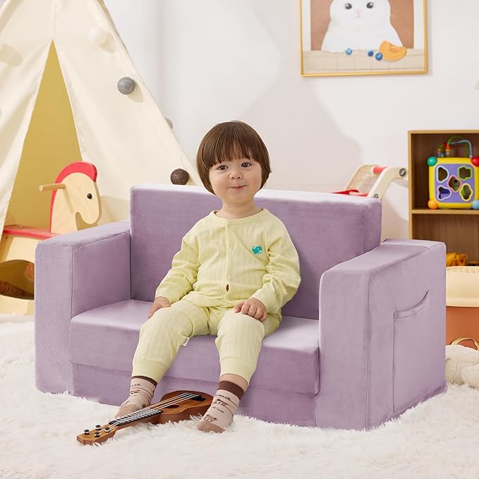 Kids Couch, 2-in-1 Toddler Chair Comfy 1-3 Years, Convertible Kids Chair, Toddler Couch That Fold Out, Kid Lounge Chairs for Boys and Girls, Soft Coral Fleece, Double, Purple