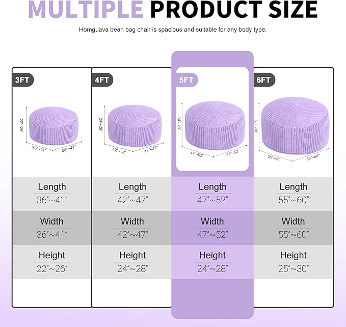 Homguava 5 FT Bean Bag Chair,5' Big Bean Bag,Giant Bean Bag Chairs for Adults with Memory Foam Filled,Comfy Large Beanbag Chairs Soft Bean Bag Sofa with Dutch Corded Plush Cover-Purple