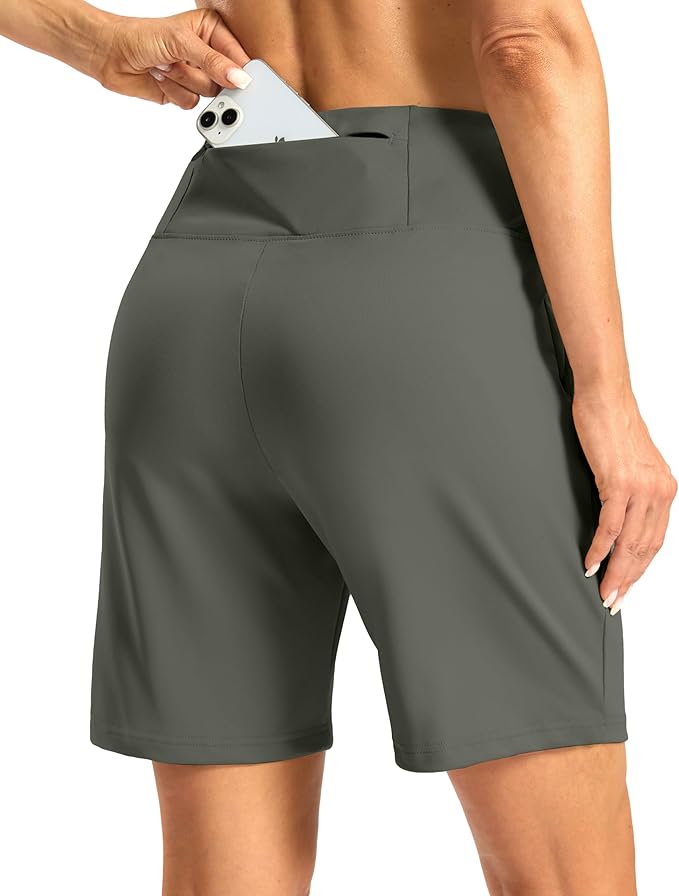 Women's Athletic Shorts with Zipper Pocket 7" High Waisted Stretchy Bermuda Shorts for Women Workout Running Casual