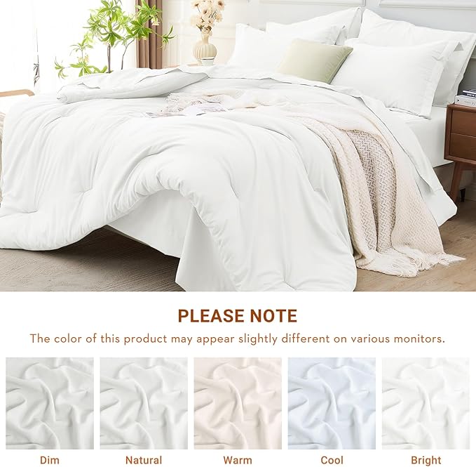 MUXHOMO 5 Pieces Twin Comforter Set, Soft Bed in a Bag Twin Size, All Season Bedding Set with Comforter, Flat Sheet, Fitted Sheet, Pillowcases & Shams, White