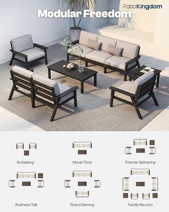 Patio Kingdom HDPE 7 Piece Patio Furniture Set, HDPE Outdoor Sectional with with Gray Thick Cushions, Coffee Table and Side Table, Patio Conversation Sets for Lawn, Garden, Porch (Black Frame)