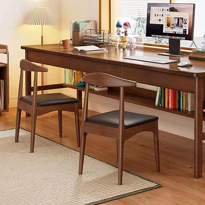 Ytaoka Solid Wood Dining Chair, Mid Century Dining Chair, Upholstered PU Leather Chair with Wide Curved Backrest, Chair for Dining Room, Kitchen, Walnut Finish