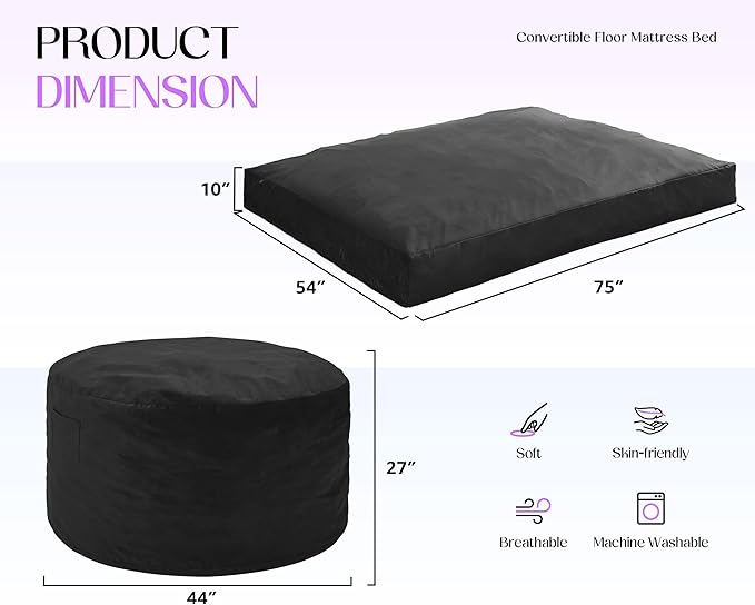 Hobestluk Giant Bean Bag Chair Bed for Adults, Large Bean Bags with High-Density Foam Filling, Convertible Big Sofa Bed Couch for Living Room, Bedroom, Playroom (Black, Full)