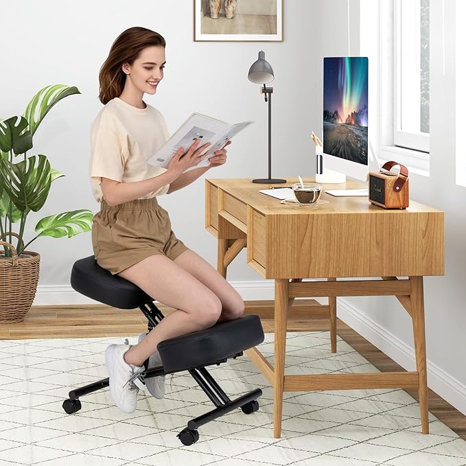 Giantex Ergonomic Kneeling Chair for Office, Knee Stool Chair w/Adjustable Height and Seat Angle to Relieve Pain, Posture Desk Chair w/Lockable Universal Wheels, Thick Padded Cushions, Black (1)