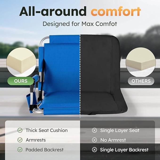 LET'S CAMP Folding Stadium Seat Bleacher Chair with Cup Holder, Mesh Bag and Hide Hooks, Portable Stadium Chair with Back and Cushion