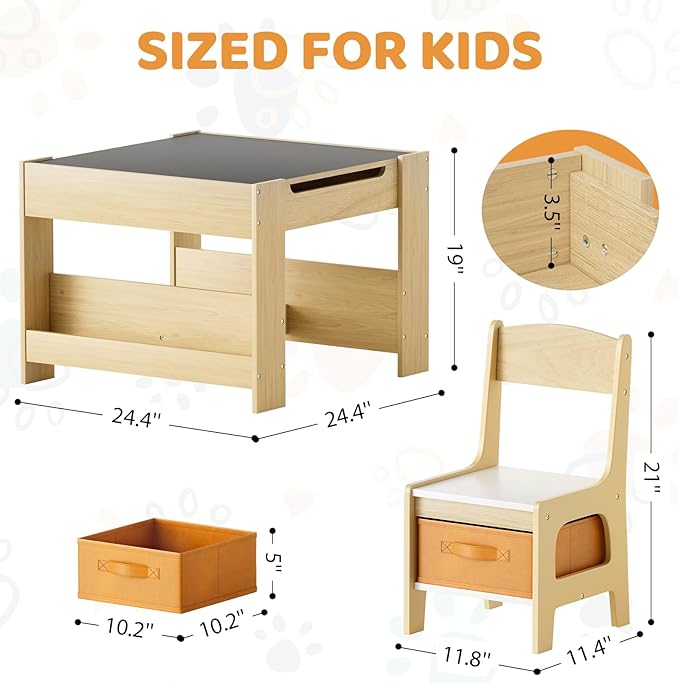 Arlopu Kids Table and Chairs Set, 4 in 1 Toddler Art Desk with Storage Drawer, Wooden Activity Deskboard, Blackboard, Reversible & Detachable Tabletop, Bookshelf for Drawing, Reading (Natural & White)