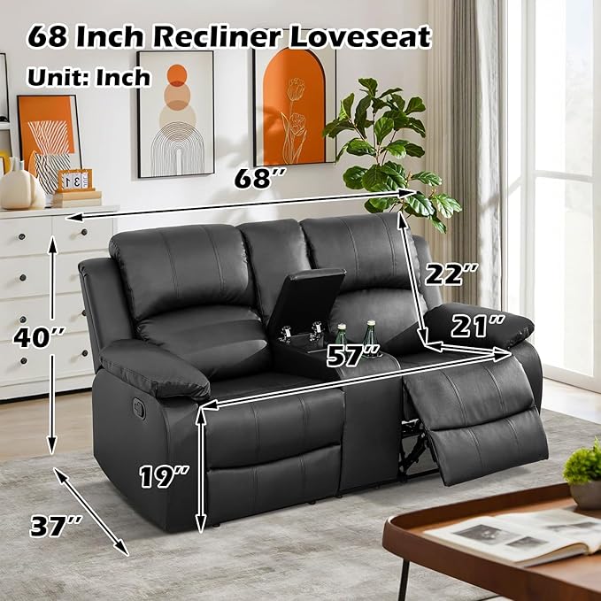 SIENWIEY Manual Leather Recliner Sectional Sofa for Living Room,L Shaped Reclining Sectional Corner Couch with Loveseat,Black Recliner Sofa Set with Storage Console/Drop Down Coffee Table/Cup Holders