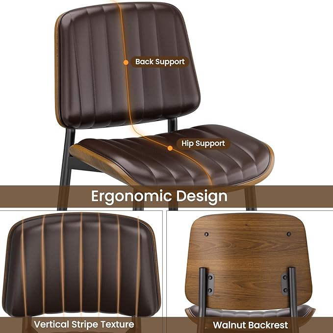 YaFiti Dining Chairs Set of 2, Mid Century Modern Dining Room Kitchen Chairs, Upholstered PU Leather Vertical Stripe Chairs for Vanity with Walnut Bentwood and Metal Legs, Brown