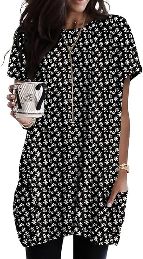 Poetsky Summer Womens Tunic Tops for Leggings with Pockets Short Sleeve Casual Long T Shirts S-3XL