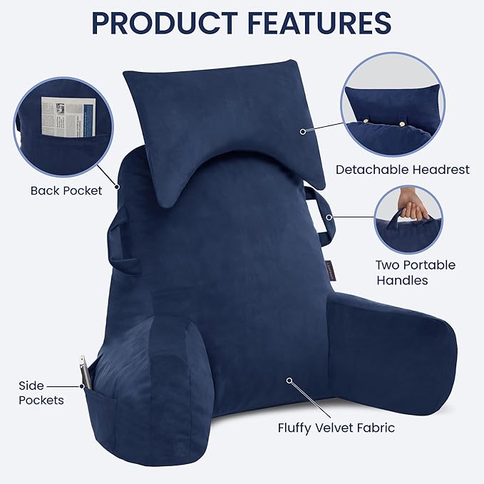 Unisakey Portable Reading Pillows with Headrest for Bed Sitting Up(Royal Blue Oeko-Tex), Velvet Back Pillow with Arms & Pockets for Adults, Support Memory Foam Bed Pillow for Dorm/Watching/Gaming