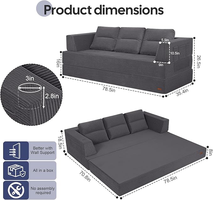 COMAX Futon Sofa Bed Queen, 79" Convertible Sofa Bed Couches for Living Room, 4 in 1 Folding Boneless Sleeper Corduroy Couch Loveseat Foam in a Box, Comfy Foldable Lounge Fold Out Floor Mattress Grey