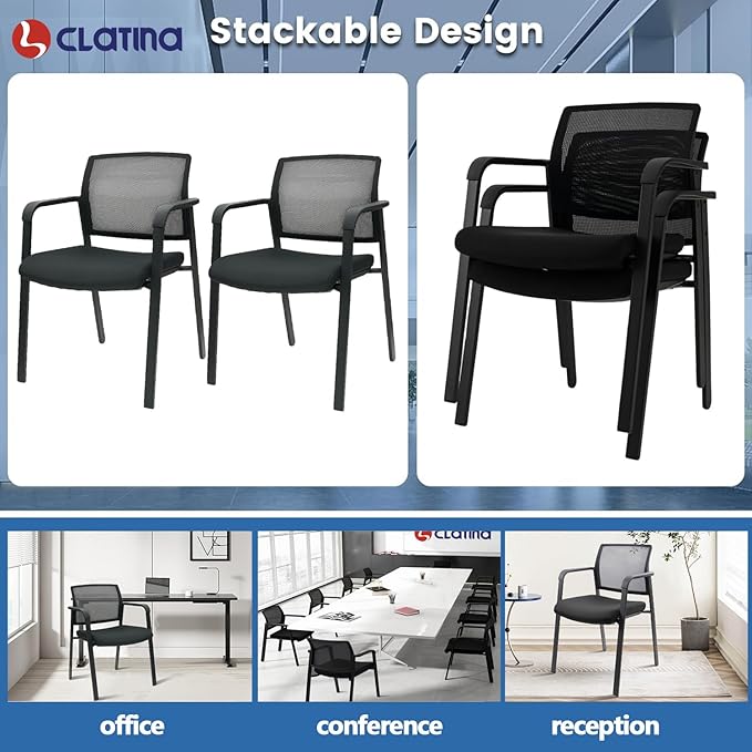 CLATINA Guest Reception Stacking No Wheels Desk Chair, Mesh Back Waiting Room Chairs with Arm Upholstered Fabric Seat and Ergonomic Lumbar Support for Office Conference School Church, Black (2 Pack)