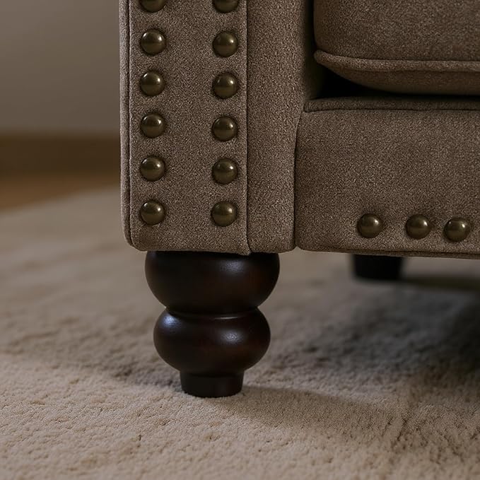 Nailhead Armchair, Rolled Arms Accent Chair for Living Room, Single Sofa Chair with Springs Seat Cushion & Wooden Legs, Mid-Century Armchair for Apartment, Office, Farmhouse, Light Brown