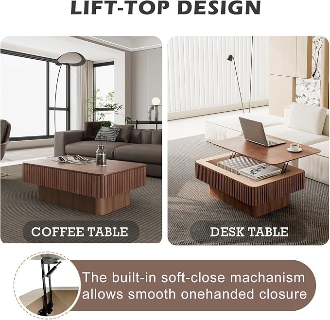 FGXJY Lift Coffee Table with Storage & Adjustable Height, Solid Wood Coffee Table Fluted Center Table Accent Tea Table or Living Room, Apartment, Office (38.6" Walnut)
