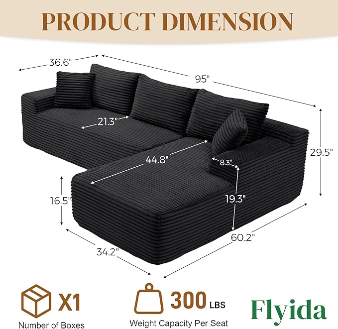 95" Boneless Cloud Sectional Couches for Living Room, Comfy Fluffy L Shaped Memory Foam Deep Seat Boneless Couch, Modular Sectional Sofa with Right Facing Chaise, Black
