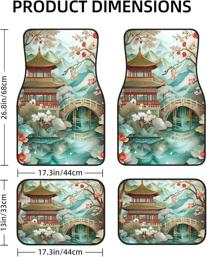 Artistic Fabric Car Floor Mats-Non-Slip Rubber Backing,Asian Palace,Front (26.8x17.3in) & Rear (13x17.3in) Set-Water Absorbing, Durable Automotive Floor Liners with Stylish Patterns