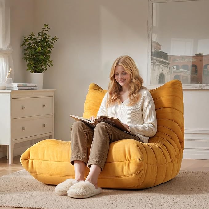 High-end Togo Bean Bag Chair, Fireside Chair with Yellow Suede Fabric Cover, Comfy & Soft Lazy Floor Lounge Sofa for Bedroom, Living Room, Office or Salon