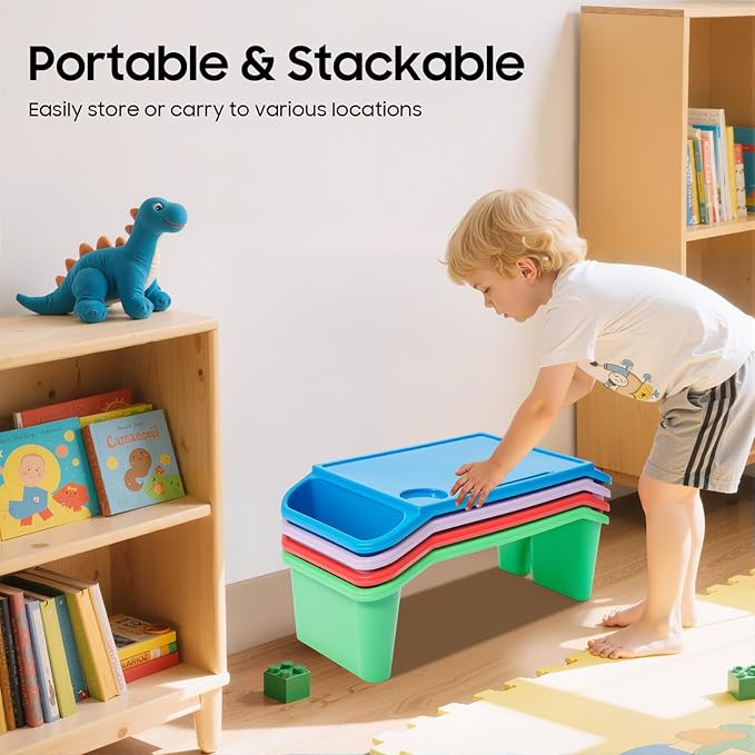 4 Pack Kids Lap Desk, Activity Tray with Storage - Stackable Plastic Lap Trays, Portable Writing & Drawing Table for Classroom, Bedroom, Homework, 19.69" L x 9.84" W x 7.1" H