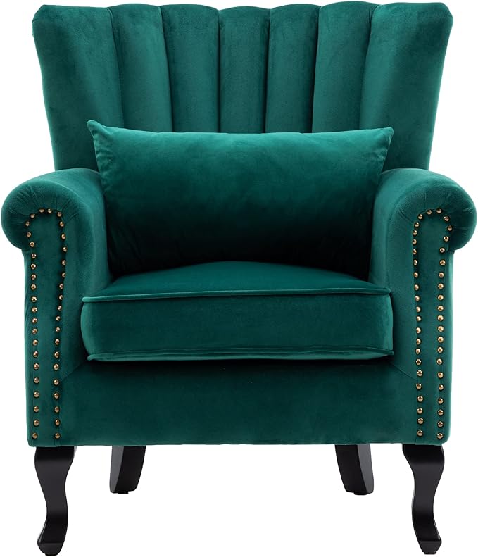 chairus Mid-Century Modern Accent Chair Comfy Single Sofa Chair Channel Back Armchair with Small Pillow for Living Roon Bedroom Club - Velvet, Green
