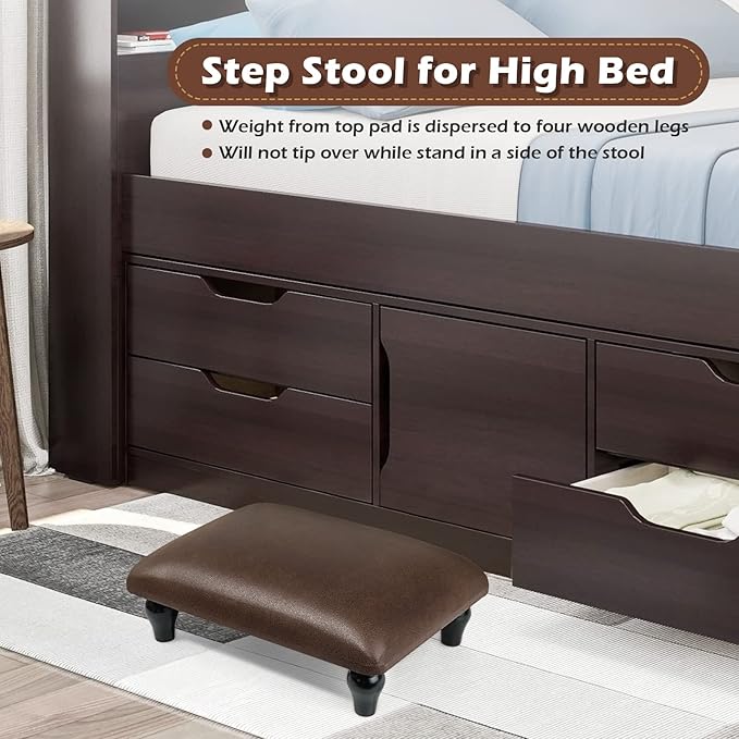 YOYETECO Small Foot Stool Ottoman with Stable Wood Legs Upholstered Footstool Padded Foot Rest Step Stool for High Beds Seat Chair Couch Sofa Patio Bedroom Living Room Office (5.9" H-Brown)