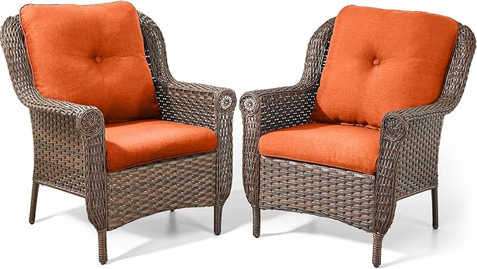ACTREST Patio Wicker Chairs Outdoor Furniture Chair - Set of 2 Outside All Weather Lawn Dining Brown Rattan Armchair with High Back&Deep Seating for Deck Porch Balcony Backyard Garden - Orange