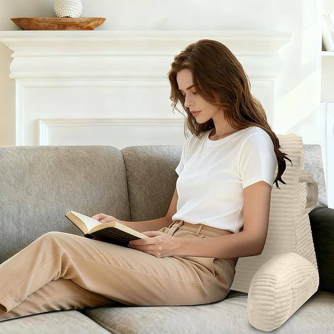 ABROLOY Reading Pillow for Sitting in Bed Adult, Bed Reading Pillow with Shredded Memory Foam, Back Pillow for Sitting with Arms and Pockets, Beige