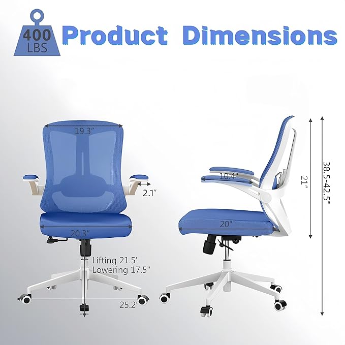 Ergonomic Office Chair - 400LB Comfy Desk Chairs with Lumbar Back Support, Mesh Computer Chairs with Wheels and Arms for Home Office, Study (Blue-Without Headrest)